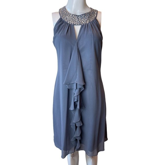 One By Eight Women Sheath Dress Chiffon Ruffle Beaded Halter Neck Keyhole Blue 4 - Picture 1 of 7
